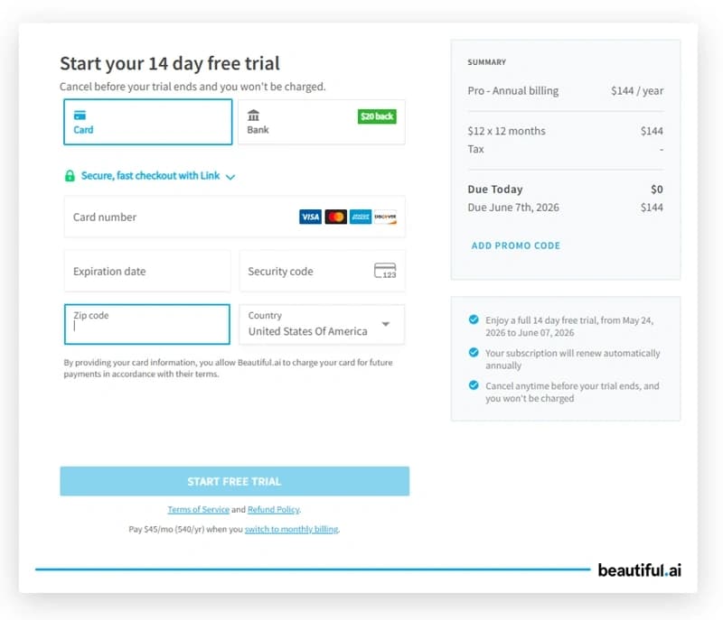 Enter Payment Details to Activate the Trial