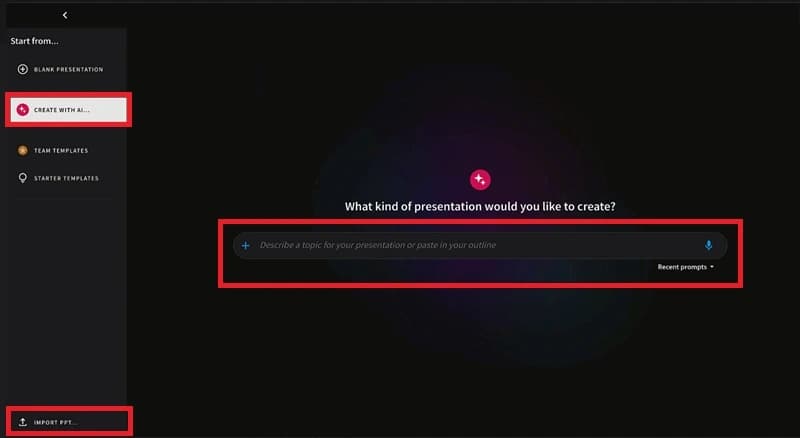 Enter the Presentation Topic or Import an Existing File
