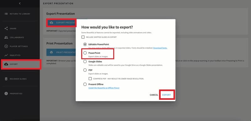 Choose the Export Format and Download the Presentation