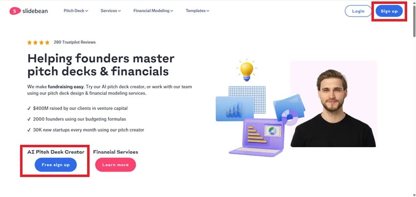 Open the Slidebean Website and Click Sign Up