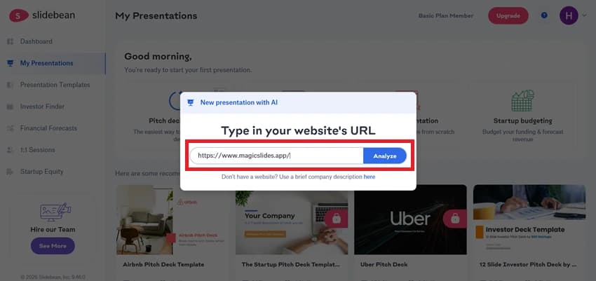 Select Pitch Deck with AI and Enter Your Website URL