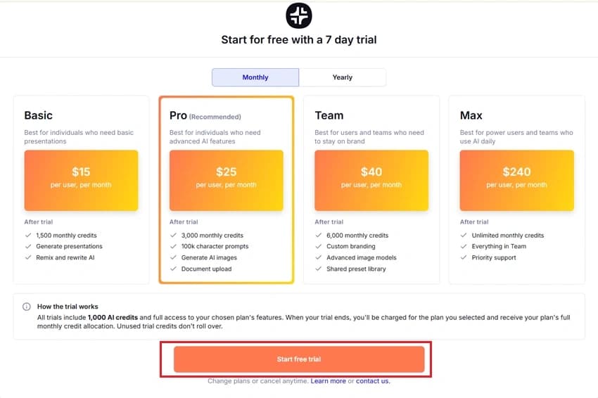 Choose a Plan and Start the Free Trial