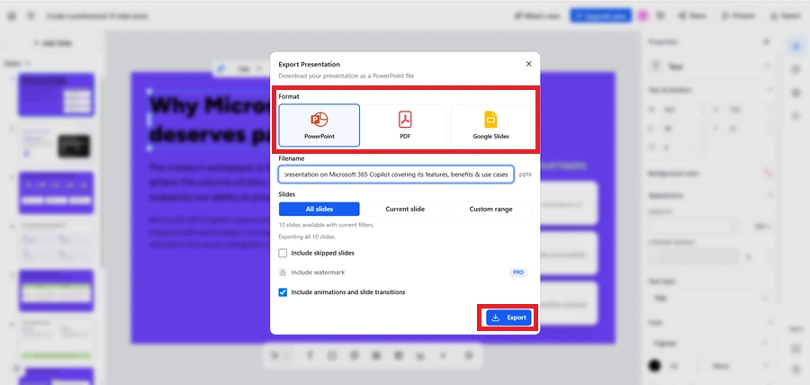 Choose an Export Format and Download the Presentation