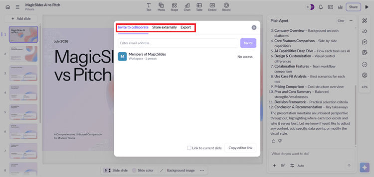 Pitch shareable link and export