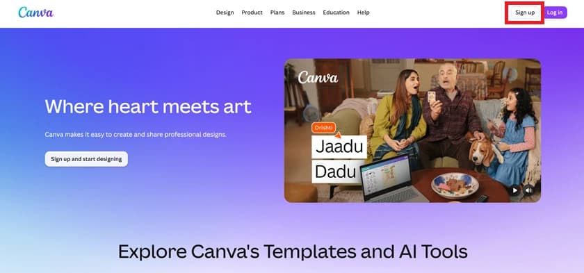 Canva sign up page