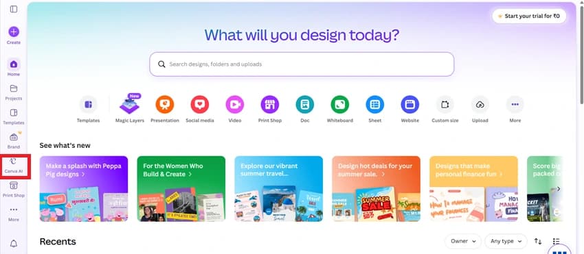 Canva AI section