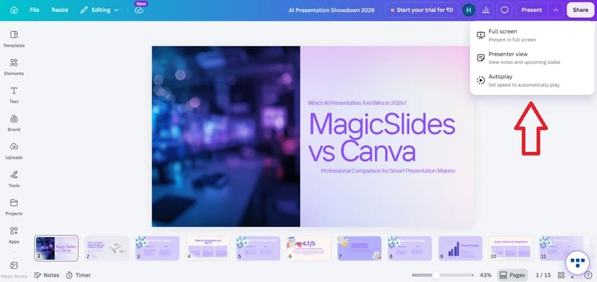 Canva present options